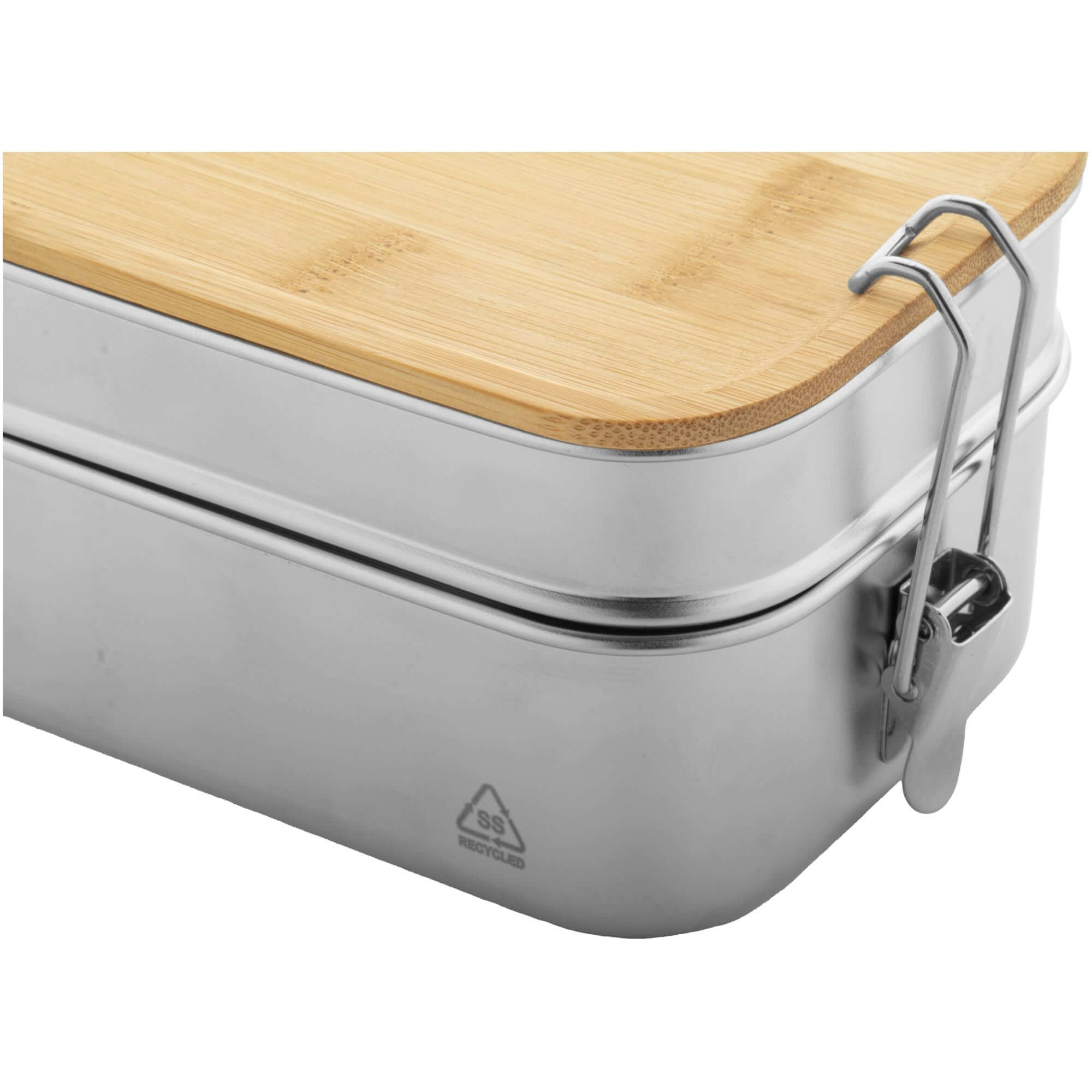 Lunchbox aus recyceltem Edelstahl 170×115×85mm mit Bambusdeckel und Sicherheits-Schnallenverschluss und 2 Behältern von 340 und 600 ml