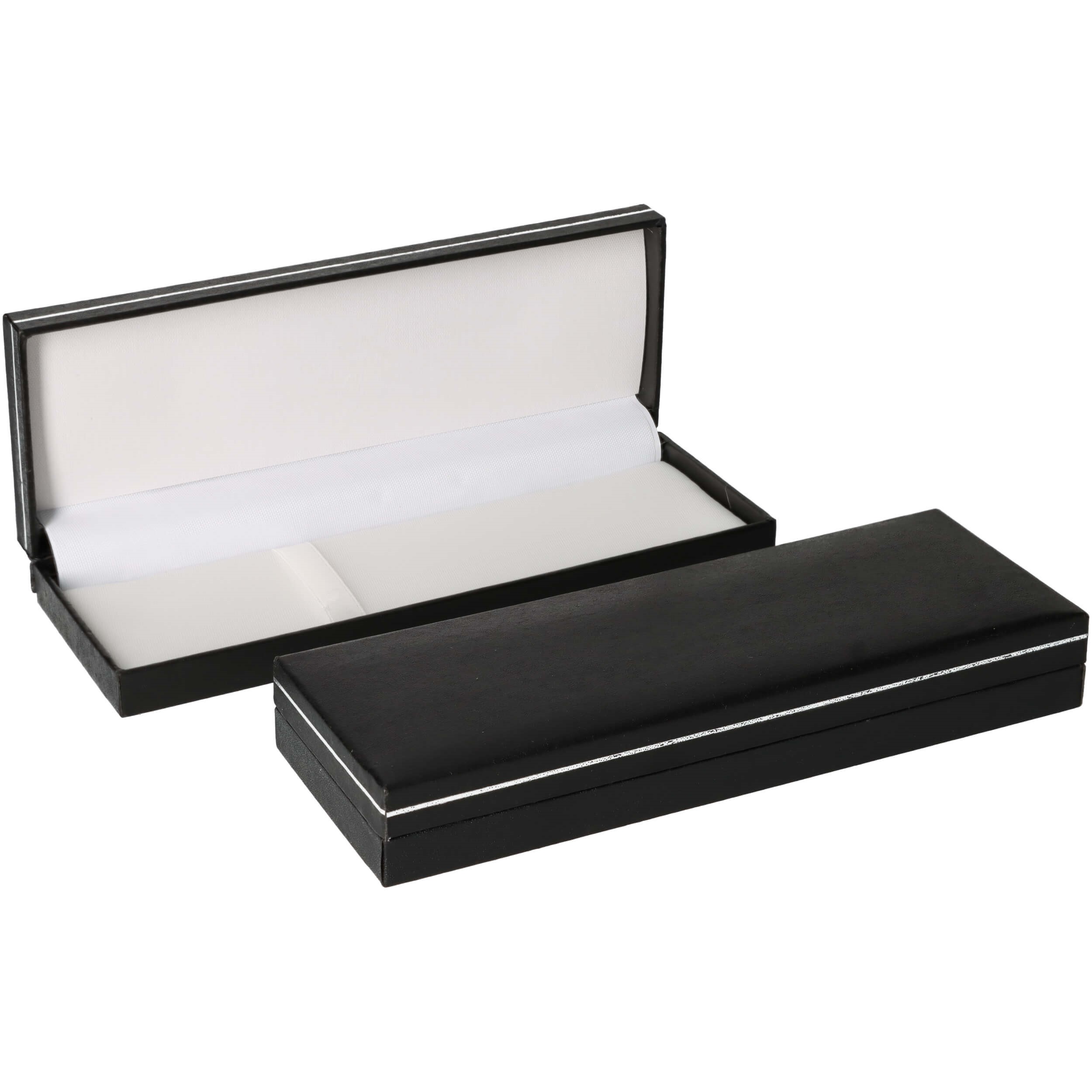 Biros presentförpackning svart - Kartong och papper med läderlook - 170x62x25mm - Vit nylonfodring - 74g lättvikt