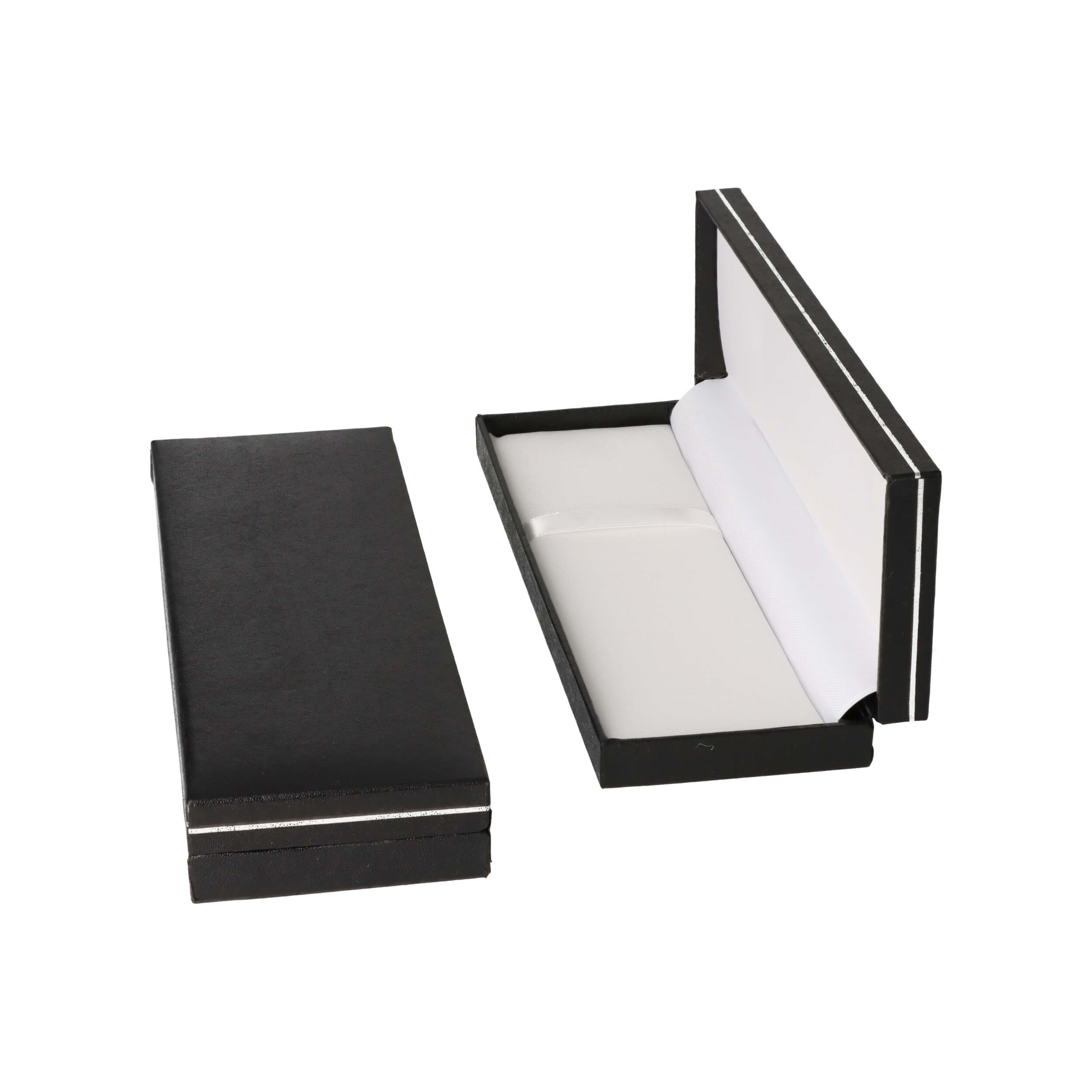 Coffret cadeau stylo noir - aspect cuir carton & papier - 170x62x25mm - Intérieur nylon blanc - 74g poids plume