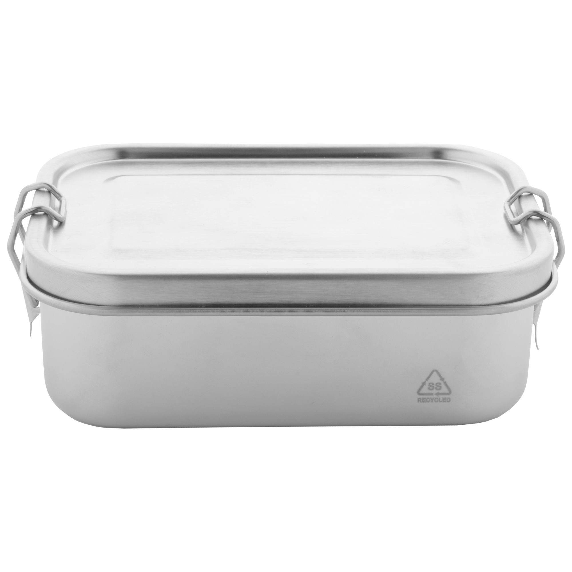 Lunchbox 170×119×57 mm aus recyceltem Edelstahl mit Sicherheits-Schnallenverschluss. Füllmenge: 750 ml