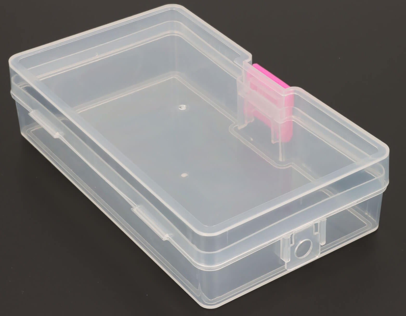 Kunststoffbox mit Deckel Klappdeckelbox 145mm x 85mm x 35mm PP Polypropylen Transparent - Clip:Pink - Lochaufhängung: 7mm