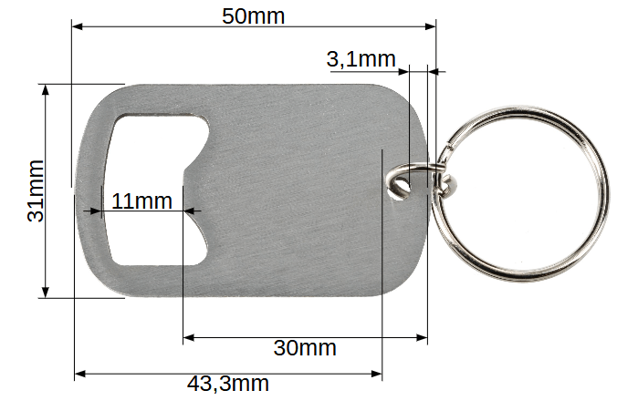 Portachiavi apribottiglie in acciaio inox 50mm x 31mm con anello portachiavi ø25mm