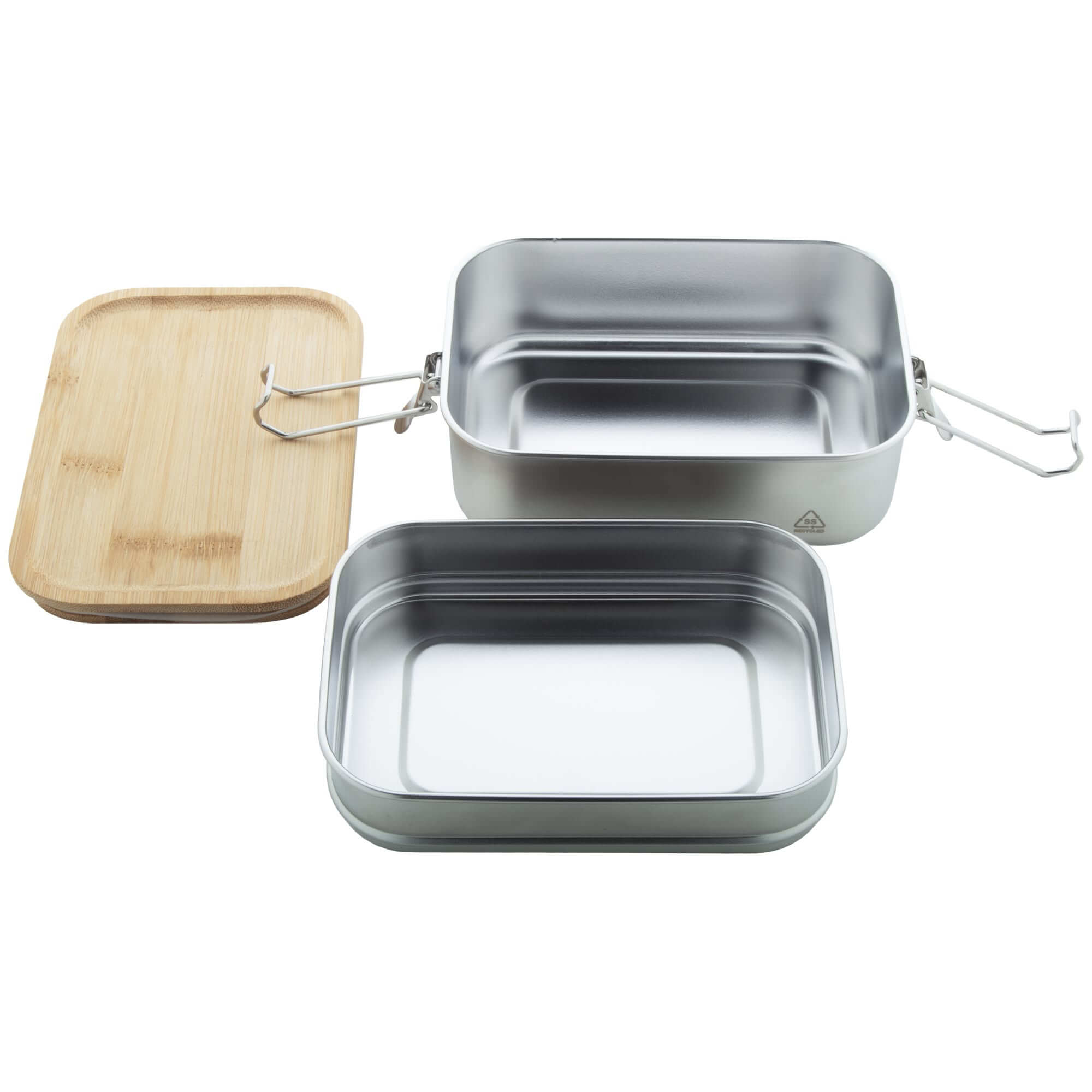 Lunchbox aus recyceltem Edelstahl 170×115×85mm mit Bambusdeckel und Sicherheits-Schnallenverschluss und 2 Behältern von 340 und 600 ml