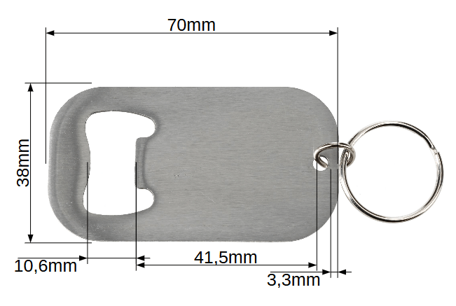 Portachiavi apribottiglie in acciaio inox 70mm x 38mm con anello portachiavi ø25mm