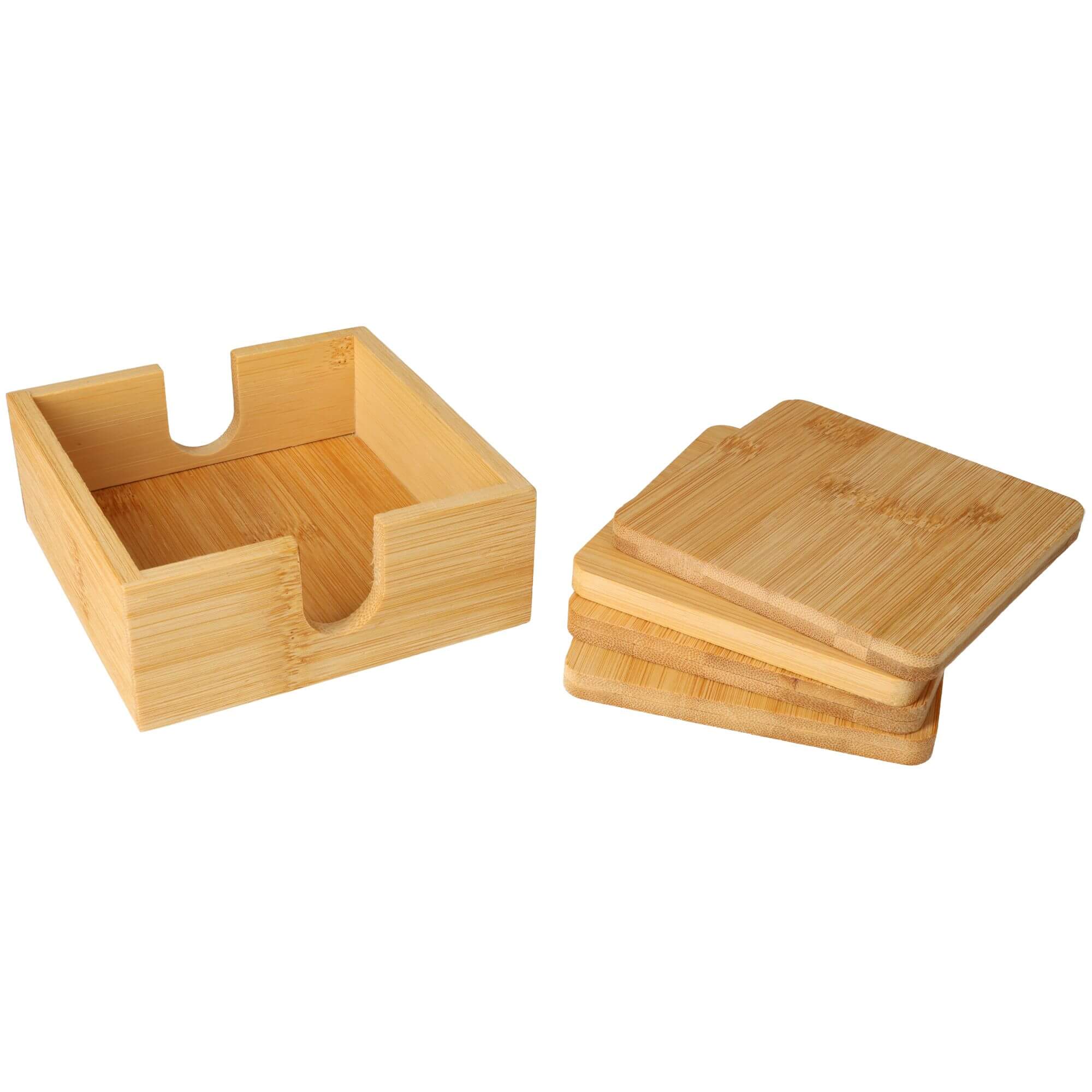 Untersetzer-Box mit 4 Untersetzern / Bierdeckeln eckig Glasuntersetzer mit Halterung aus Bambus Holz im Set (5 teilig)