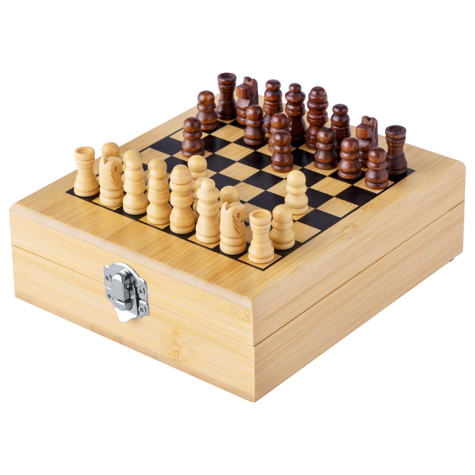 Weinset 4-teilig in Bambusbox 148×168×52mm mit Schachbrett und 32 Schachfiguren. Das Set beinhaltet: Korkenzieher, Tropfring, Ausgießer und Flaschenverschluss