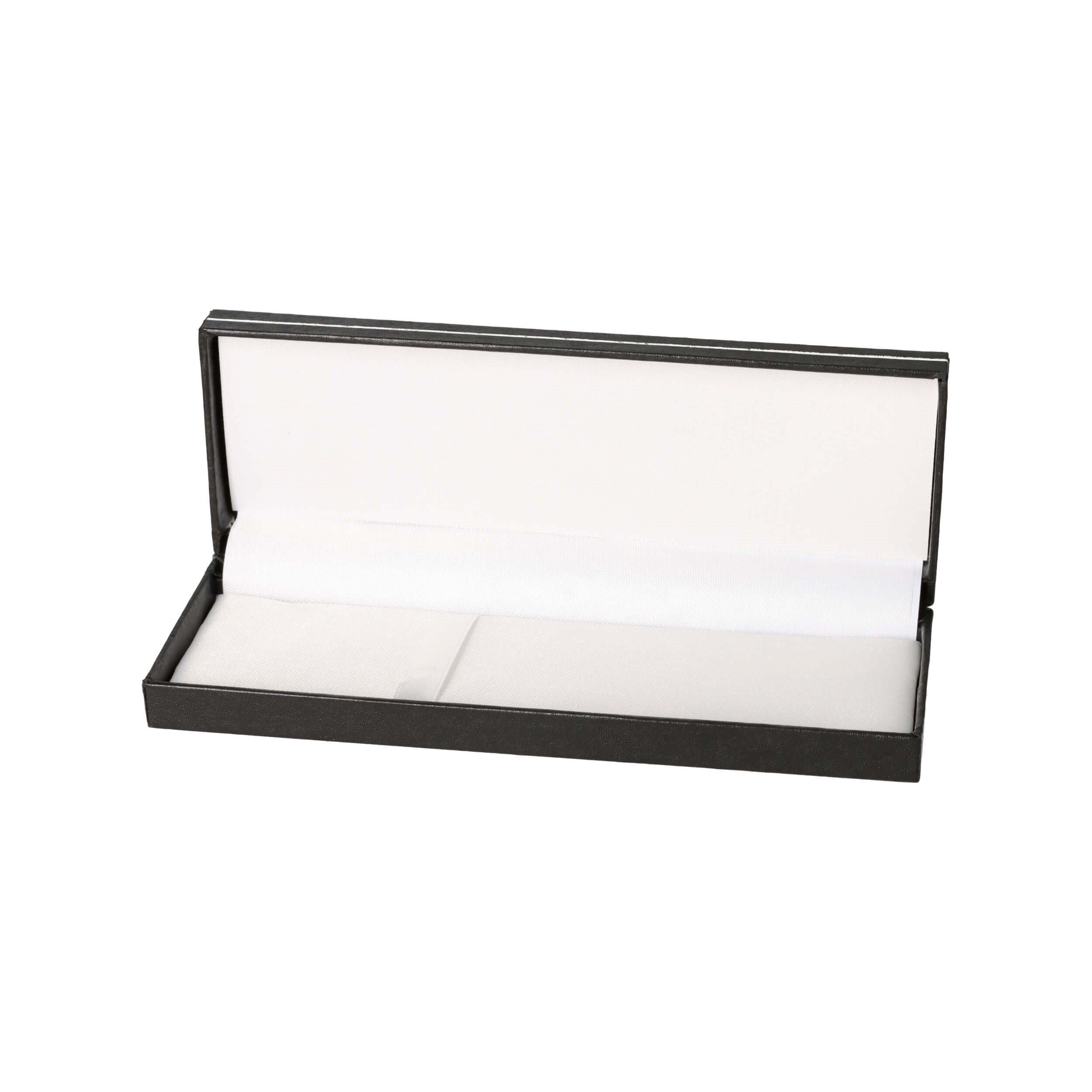 Biros presentförpackning svart - Kartong och papper med läderlook - 170x62x25mm - Vit nylonfodring - 74g lättvikt