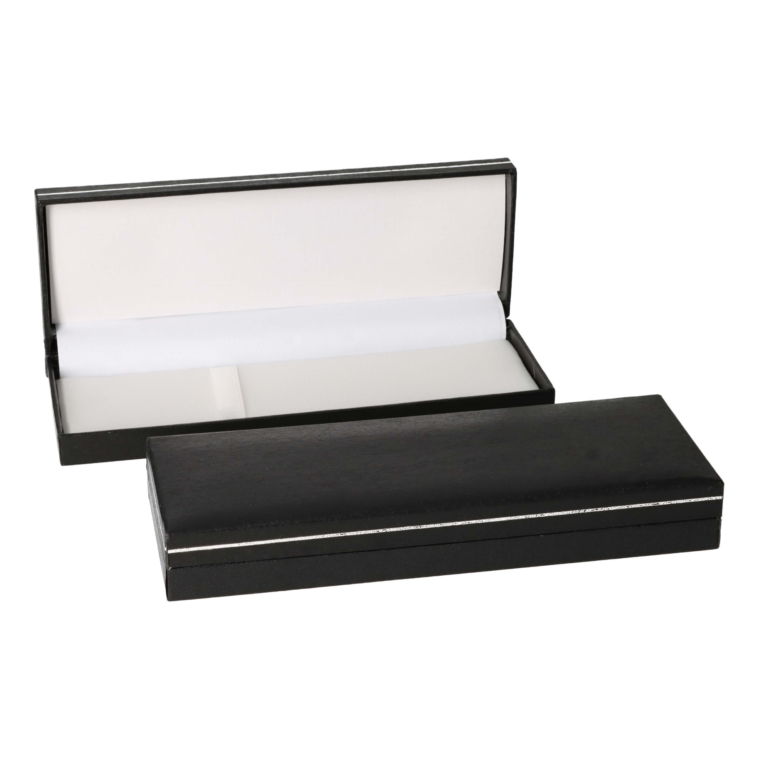 Coffret cadeau stylo noir - aspect cuir carton & papier - 170x62x25mm - Intérieur nylon blanc - 74g poids plume